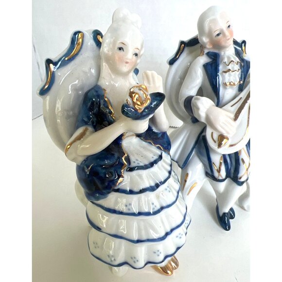 Vtg Porcelain Victorian Couple Sitting Playing Mandolin White Blue & Gold RARE - Picture 2 of 12